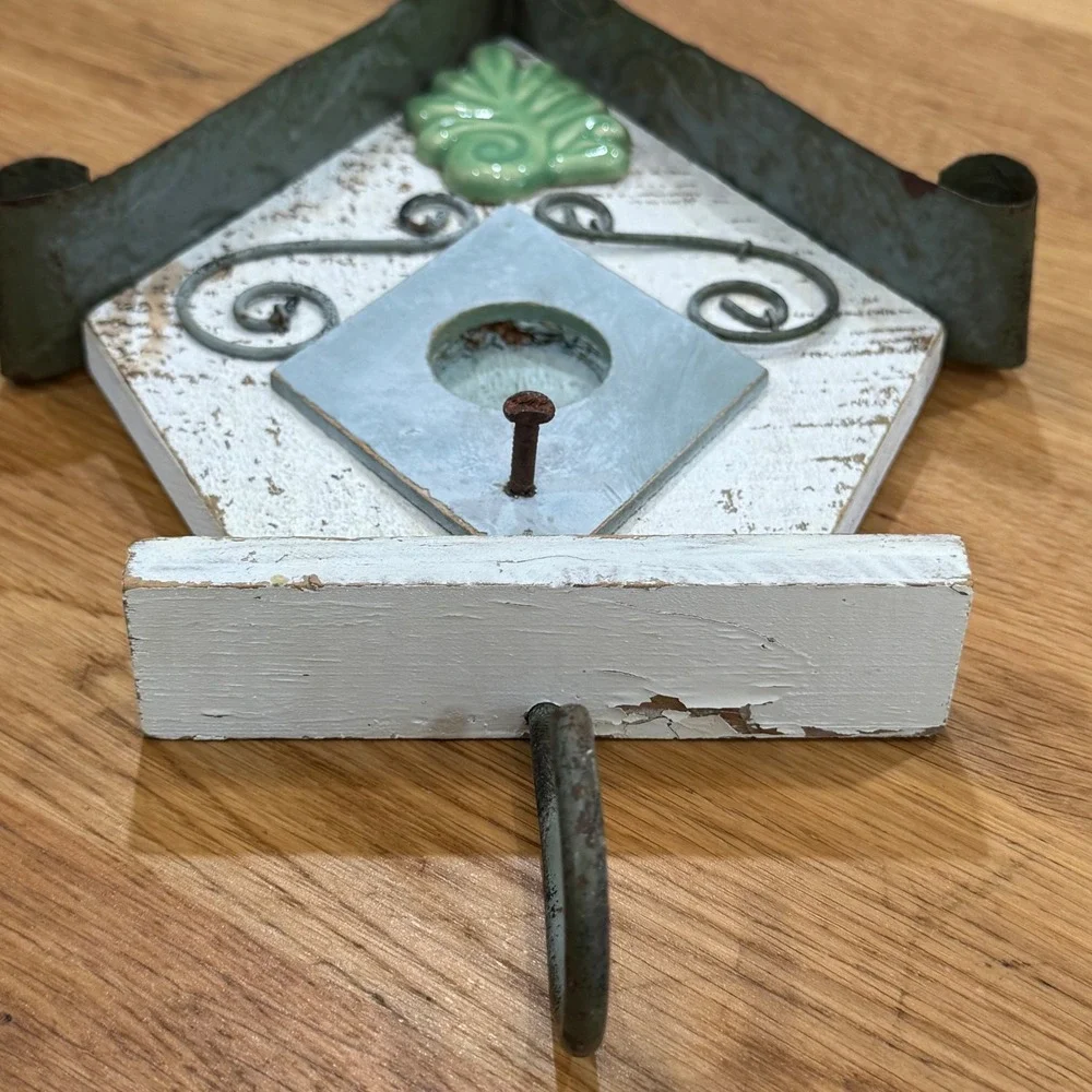 Rustic Birdhouse Wall Hook Distressed Wood Metal Farmhouse Decor White Green